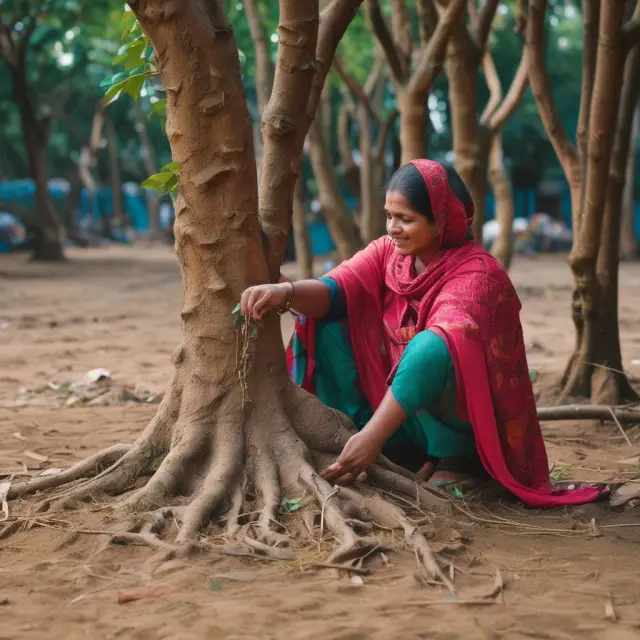 A Bangladeshi woman dispensing microloans into a blossoming tree, symbolizing the foundation and growth of microcredit schemes
