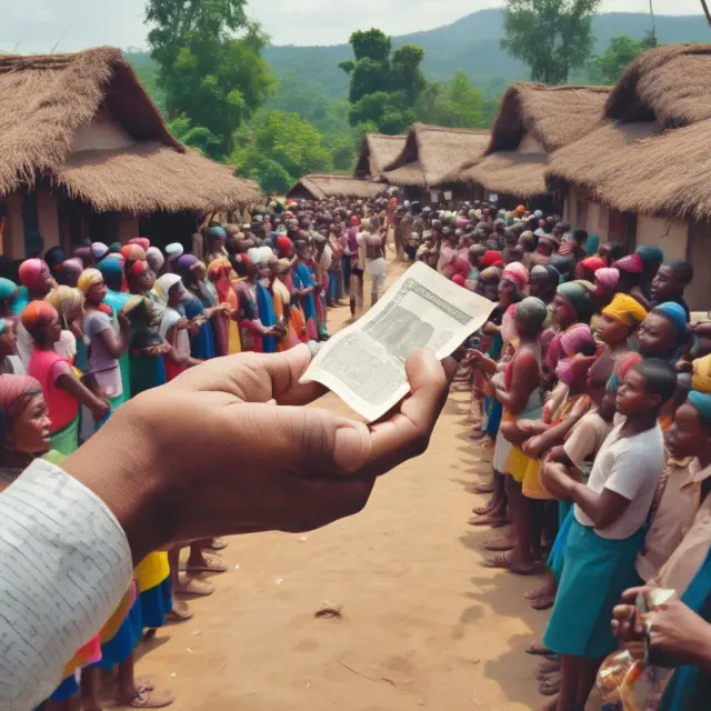 A person extending a hand from a village scene with a small loan note, surrounded by a gathering community