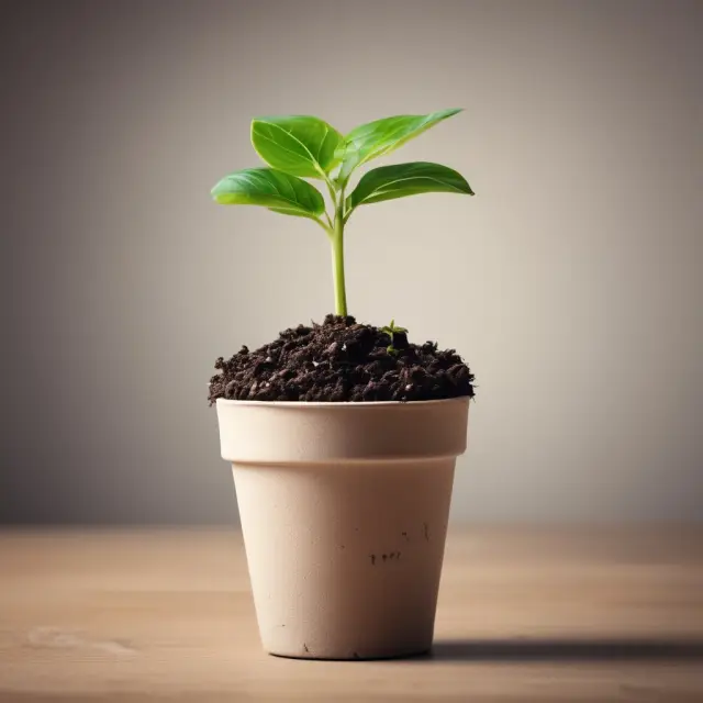 A tiny seedling thriving in a clay pot symbolizing a microloan. Surrounded by savings and supported by hands joining together, representing community assistance