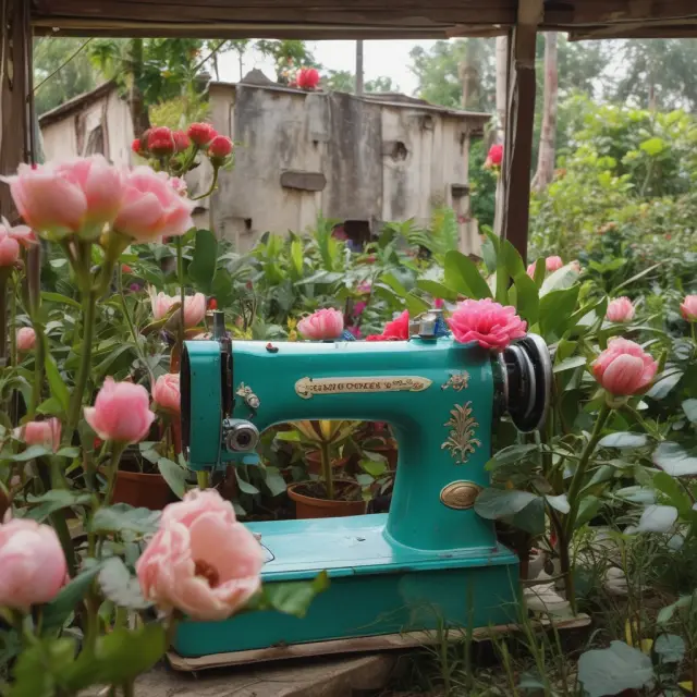A sewing machine morphs into lush greenery, symbolizing the growth and prosperity brought about by microcredit