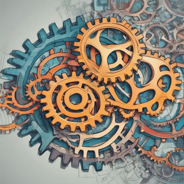Interconnected gears representing utility and production theories creating market equilibrium through supply and demand dynamics