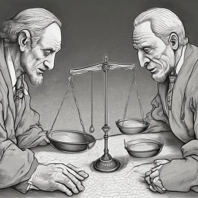 An ethical scale balanced between market forces and societal values, with microeconomic concepts like utility, externalities, income distribution, and monopolies symbolizing each side.
