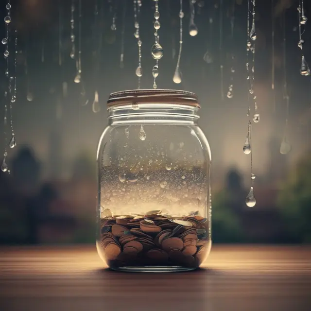 A digital jar with raindrops flowing in, representing the rounding up of purchases for micro-investments.