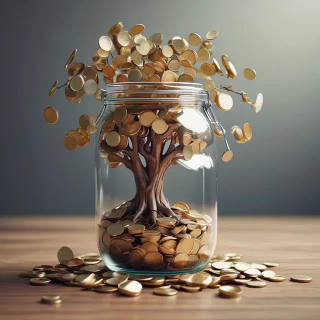 An image of a jar being filled with change that morphs into a thriving tree illustrating the concept of micro-investing.