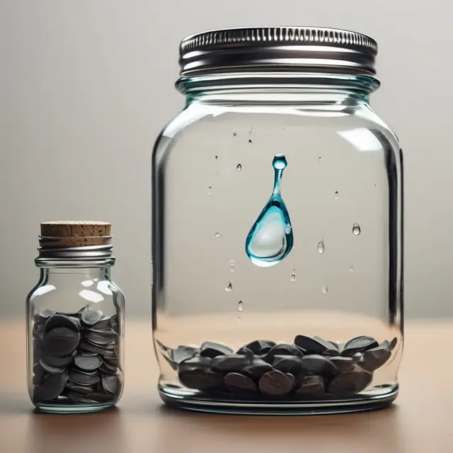 A digital raindrop fills a miniature jar, representing the concept of micro-investing and its potential for growth