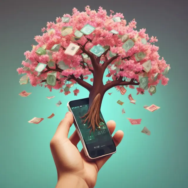 Hand extracting seeds (micro-investments) from digital wallet, growing into a fruitful tree symbolizing wealth creation on a micro-investing platform