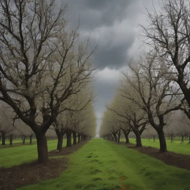 A diverse orchard with mid-sized trees representing mid-cap funds weathering economic storms through growth and diversification
