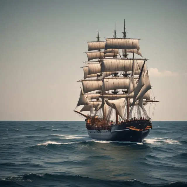 A mid-sized ship navigating calm waters, representing stable mid-cap funds, with larger ships (large caps) in the distance and smaller vessels (small caps) nearby