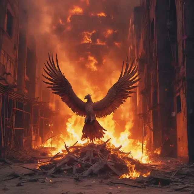 A mid-cap phoenix emerging from a furnace during an economic downturn, symbolizing resilience and growth potential