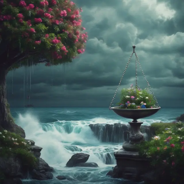 A balance scale with a flourishing garden on one side and stormy waves on the other, illustrating the risk versus growth equilibrium in mid-cap investments.