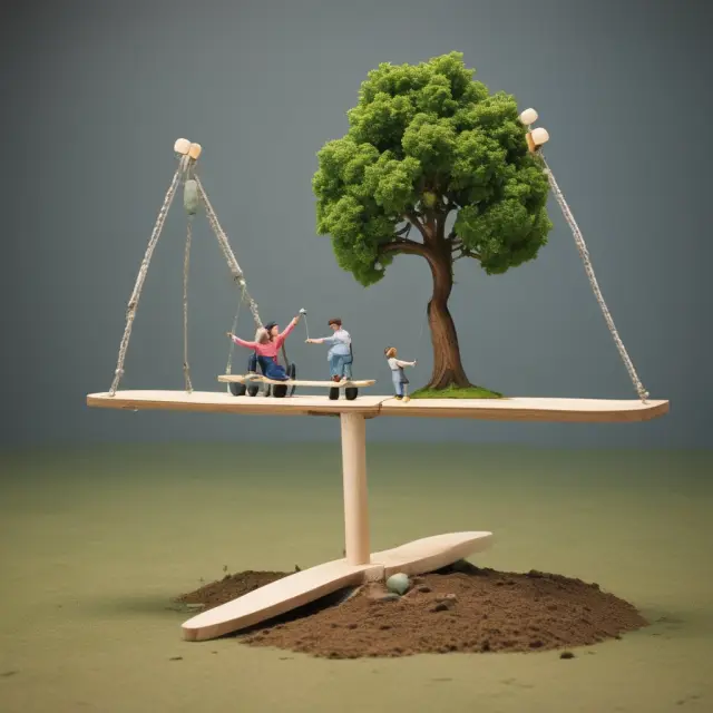 A seesaw with a mid-cap company model in the middle, representing growth and stability balance