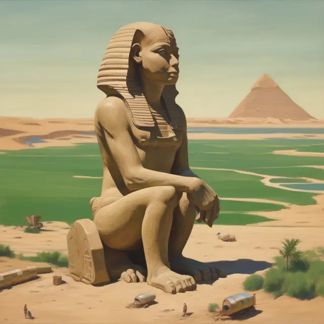 An ancient Sphinx examines a map amidst oil barrels and green fields, symbolizing the Middle East and North Africa