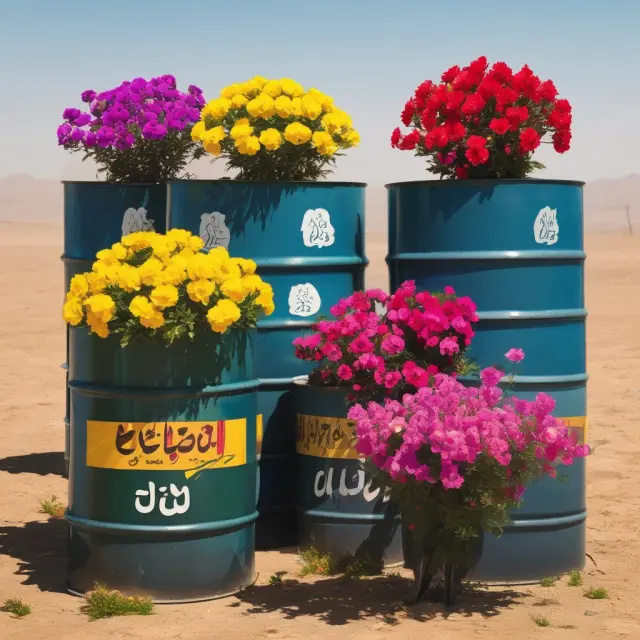 Four flowers (representing Saudi Arabia, Iran, Israel, and Egypt) emerging from oil barrels in a desert landscape