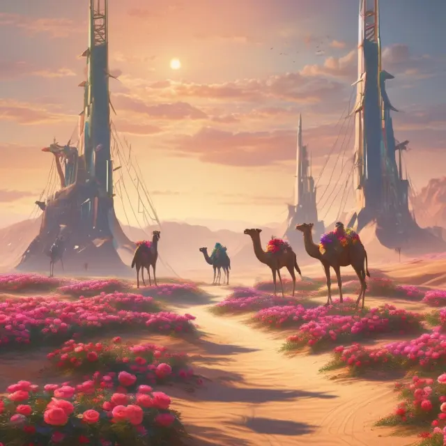 An oil derrick in the Middle Eastern desert blooms roses as camels cross a modern tech bridge, representing MENA