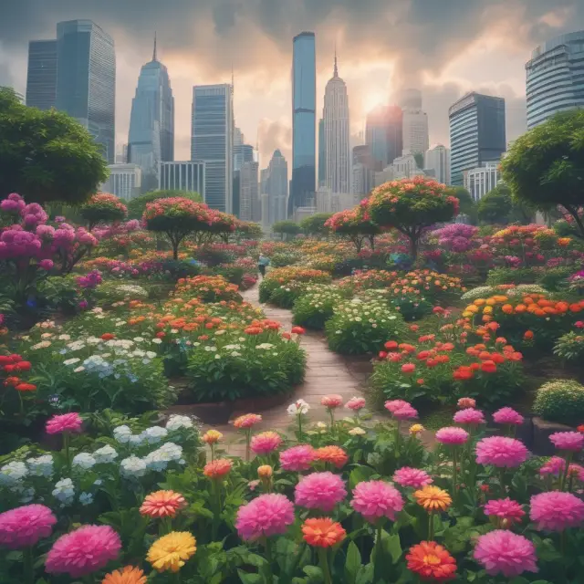 Thriving garden with middle-market businesses as blooming flowers signifying resilience and growth in a challenging economic climate.