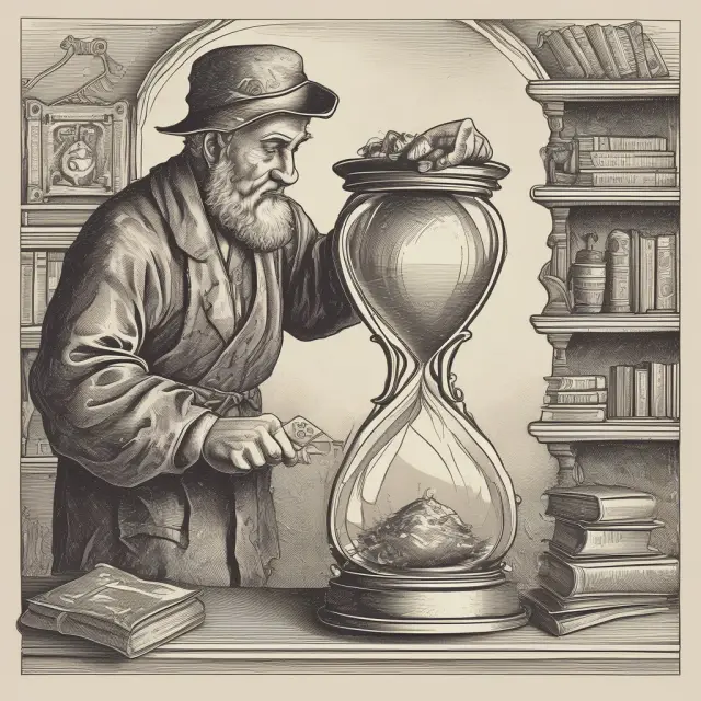 An image of a scholar pouring books into an hourglass with digital devices, signifying the ongoing education and tech integration in middle office jobs.