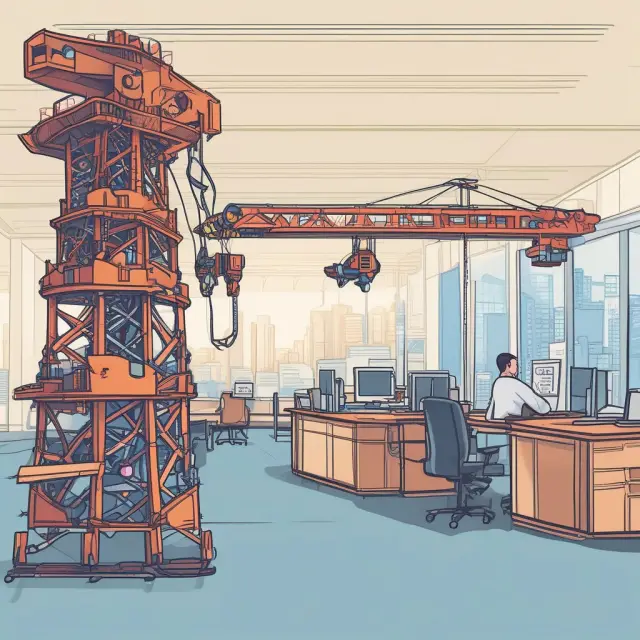 Middle office as a bridge between front and back offices, illustrated by a crane balancing risk management and IT infrastructure
