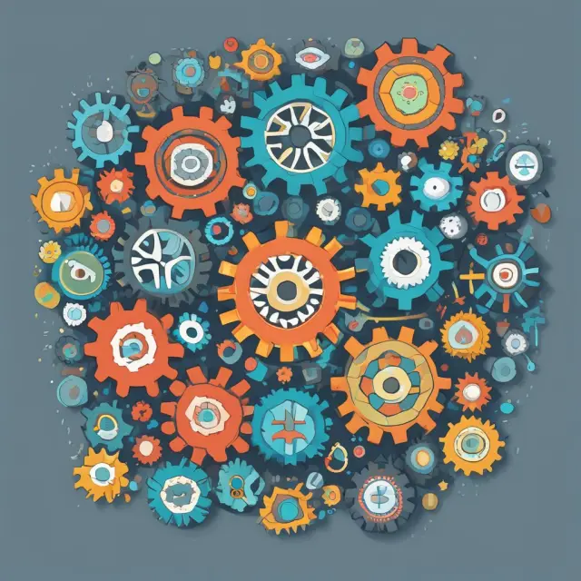 A mosaic of four gears symbolizing risk management, IT, operations, and compliance within the middle office