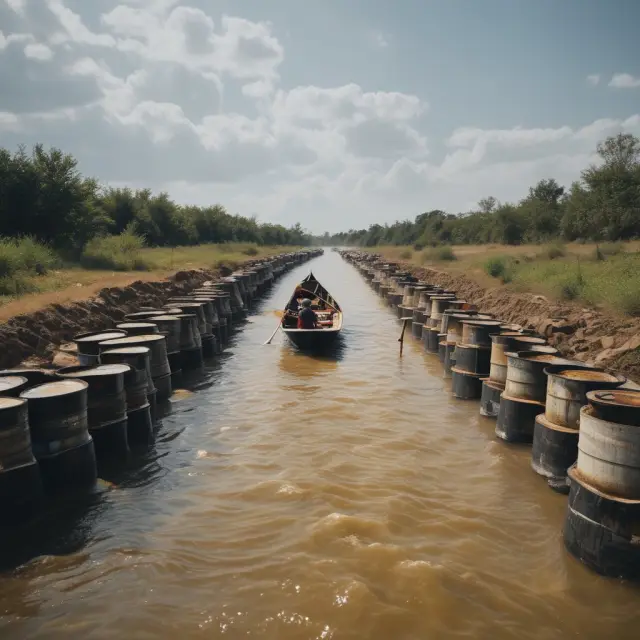 Person paddling a boat through a midstream river connecting upstream (production) and downstream (refining/distribution).