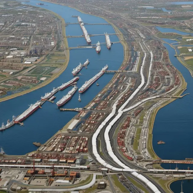 Vibrant mosaic illustrating a midstream network of tanker ships, pipelines, and storage facilities that link upstream production to downstream refining