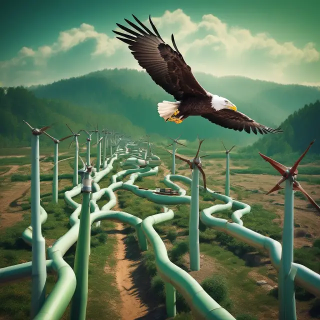 An eagle flying high over midstream infrastructure, including pipelines and a tree with roots shaped like regulatory documents