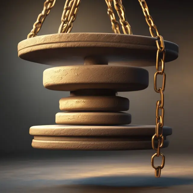 Golden chains suspend a millstone, symbolizing tax relief measures like exemptions, credits, and deductions that alleviate the burden of high property taxes