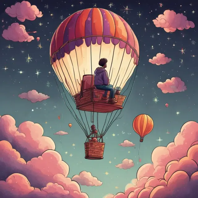 A Millennial working on a laptop in a hot air balloon, soaring towards entrepreneurial success amidst a starry night, symbolizing personal and financial growth.