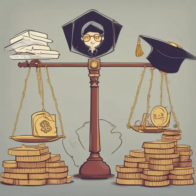 A millennial holding scales with student loan books on one side and a pile of gold representing investments on the other, symbolizing the delicate balance between debt management and financial growth.