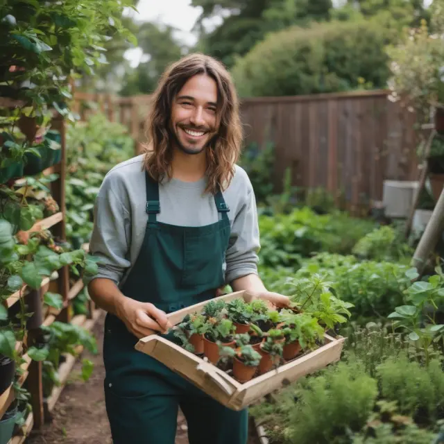 A millennial gardener carefully tends to a thriving garden filled with stock and bond plants, symbolizing long-term wealth growth