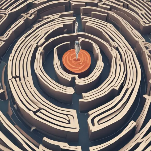 Young adult navigating a maze filled with symbols representing budgeting, student loans, retirement planning, and credit scores. A wise figure in the background offers guidance and support.