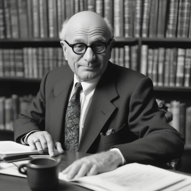 Image of Milton Friedman at the University of Chicago, surrounded by books symbolizing economic theory, with a background of Chicago skyline and a globe representing global influence.