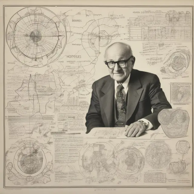 Milton Friedman receiving the Nobel Prize amidst graphs illustrating consumption patterns and monetary symbols, representing his revolutionary ideas in economics.