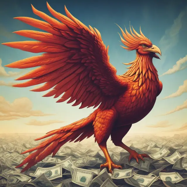Image of a fiery Phoenix emerging from a pool of currencies, symbolizing Milton Friedman