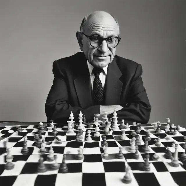 Milton Friedman depicted as a strategic chess player, symbolizing his influential hypothesis of rational behavior