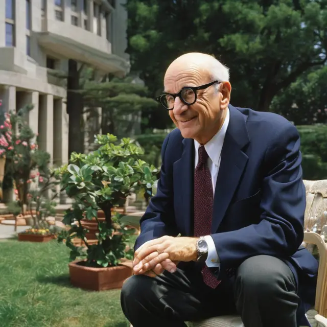 An image of Milton Friedman working at the Hoover Institution, symbolizing the growth and flourishing of free-market ideas within a nurturing intellectual environment.