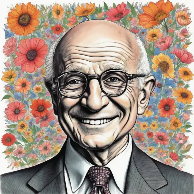 Image: Milton Friedman releasing a flower symbolizing economic change, with free market and capitalism concepts.