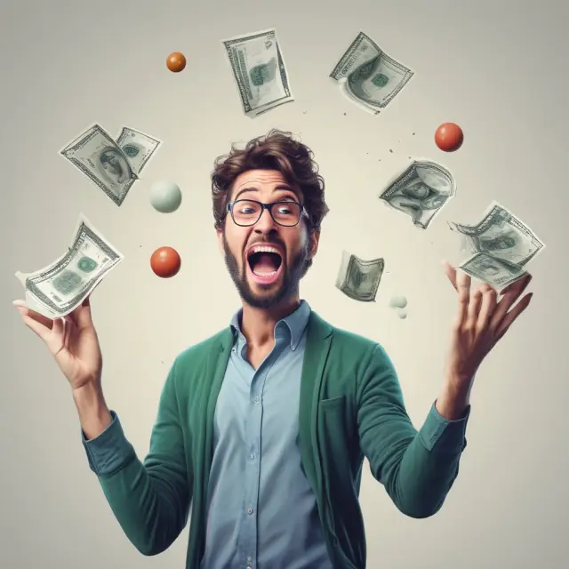 Image of someone juggling various credit card bills while an interest ball hovers menacingly overhead. Minimum monthly payments vs. financial strain and increased interest expenses.