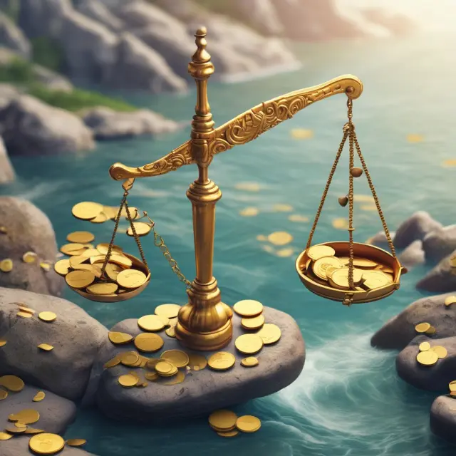 Gold scales precariously balance on a rushing debt-filled river, emphasizing minimum monthly payments