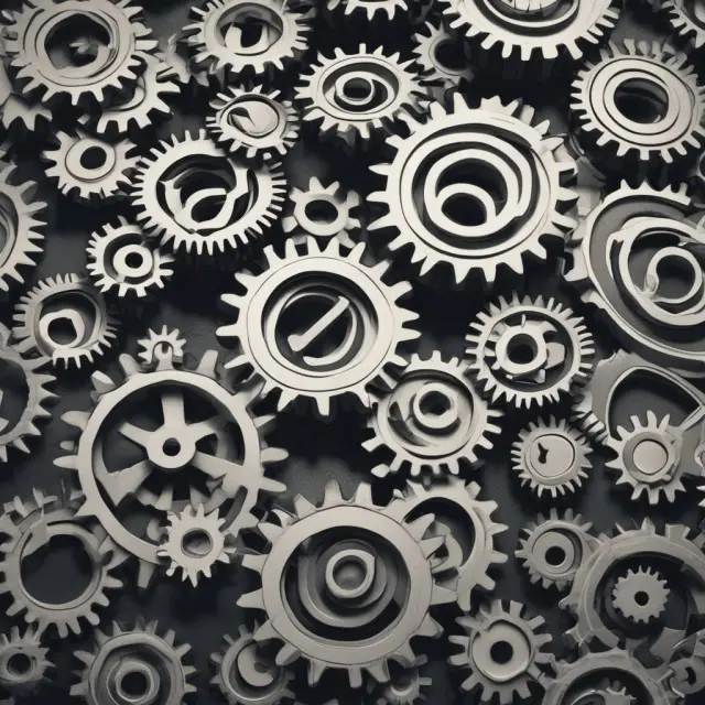 Interconnected gears symbolizing internal economies of scale in action, lowering per-unit costs and boosting efficiency