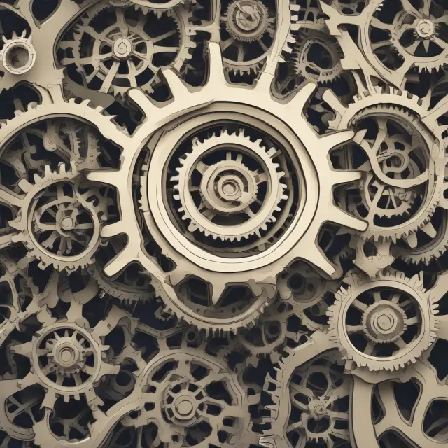 Gears representing businesses connected through external economies of scale, illustrating industry-wide production efficiency