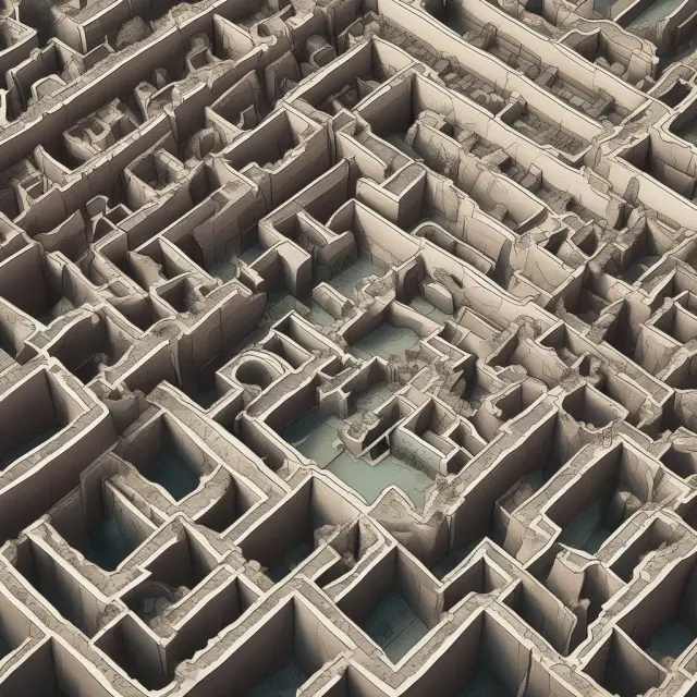 A complex corporate structure with winding hallways representing the challenges and higher costs associated with managing large organizations due to diseconomies of scale.