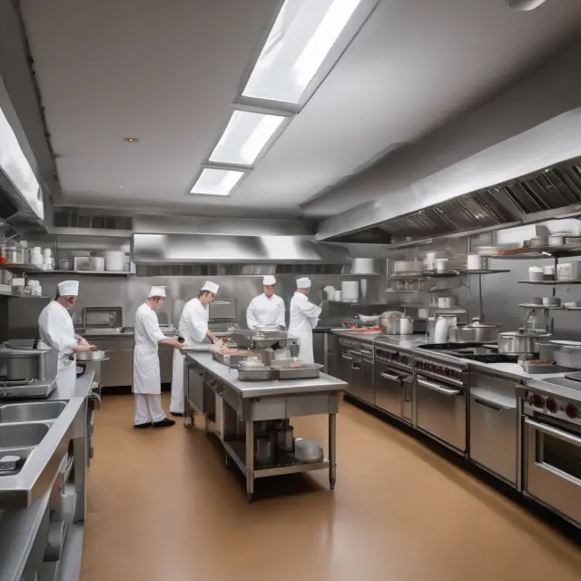 A modern kitchen with efficient appliances, chefs working harmoniously, representing the importance of economies of scale in small-scale production environments