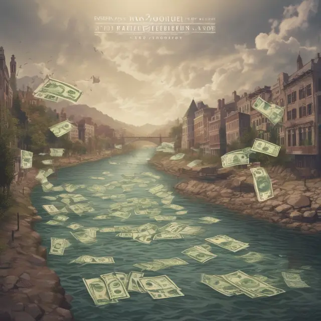 A timeline of federal minimum wages flowing as dollar bills along a historic river, illustrating adjustments over the years