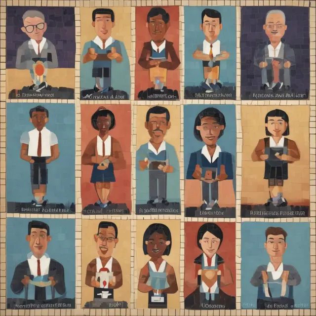 Mosaic of workers representing exceptions to the minimum wage law: tipped employees, students, and disabled workers.