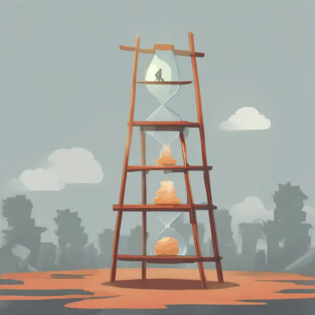 A ladder ascending to a $15 hourglass, representing the ongoing debate and progress towards raising the federal minimum wage.