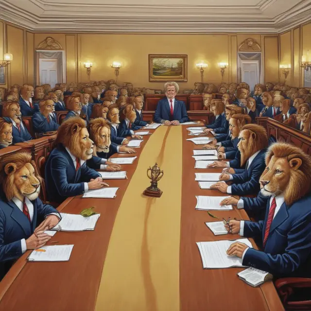A majestic lion represents majority interests, dominating a boardroom table with control. Meanwhile, timid mice symbolize minority interests, huddled around the edges with limited influence.