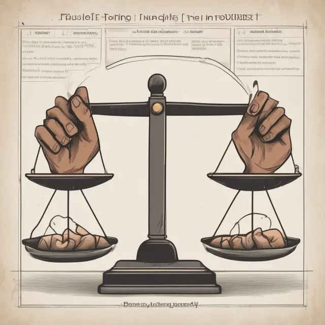 A balanced scale with hands labeled 