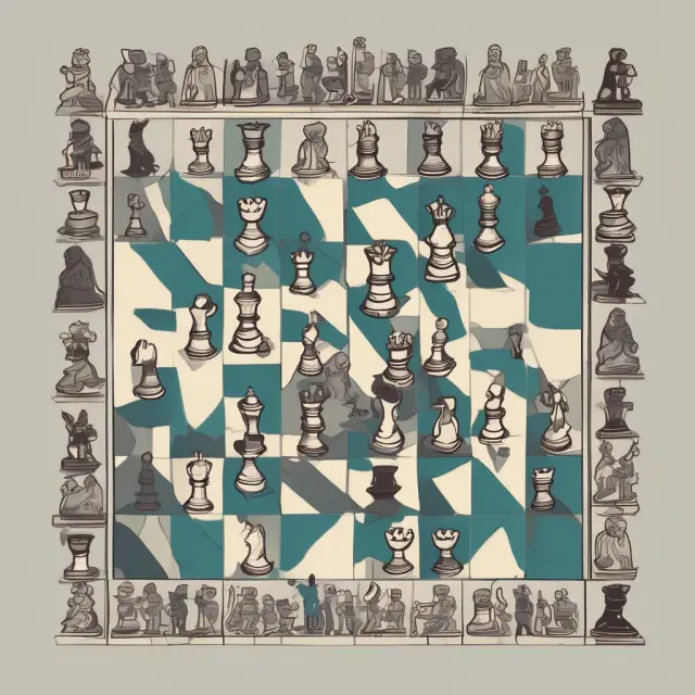 A chessboard populated with various pieces representing different business scenarios, with minority interests subtly shaping outcomes from the background