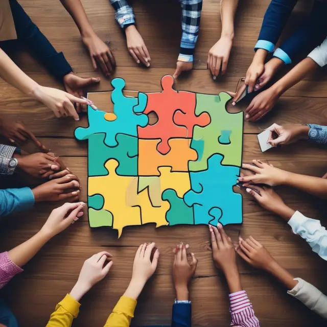 Parent companies and minority shareholders collaboratively piecing together a complex jigsaw puzzle, symbolizing effective communication and balanced partnerships