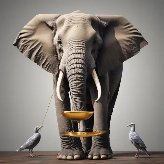 An elephant (parent company) weighs the interests of pigeons (minority shareholders) on a golden scale, symbolizing tax equity distribution.